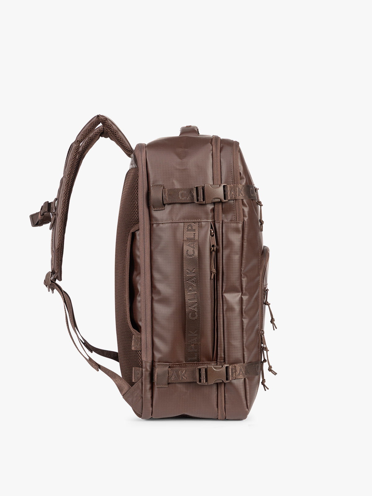 Side view of CALPAK Terra 35L Laptop Backpack Duffel in matte brown Walnut on a white background; BPTL2601-WALNUT