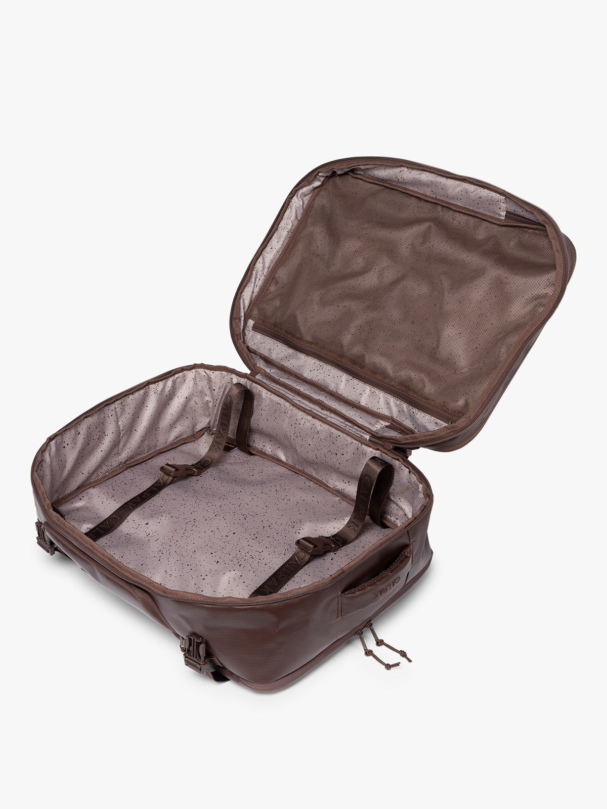 Opened view of CALPAK Terra 35L Laptop Backpack Duffel in matte brown Walnut on a white background; BPTL2601-WALNUT