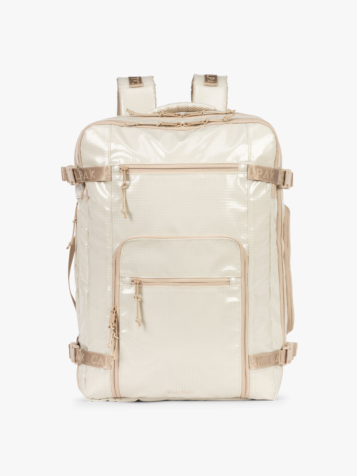 CALPAK Terra 35L Laptop Backpack Duffel in off-white White Sands with tan accents on a white background; BPTL2601-WHITE-SANDS