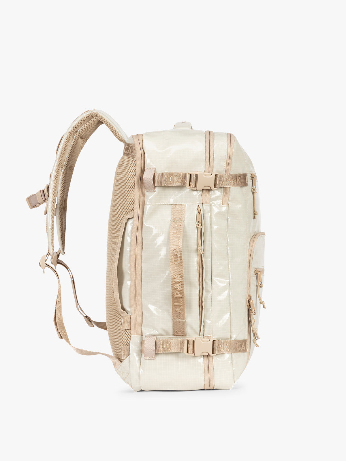 Side view of CALPAK Terra 35L Laptop Backpack Duffel in off-white White Sands with tan accents on a white background; BPTL2601-WHITE-SANDS