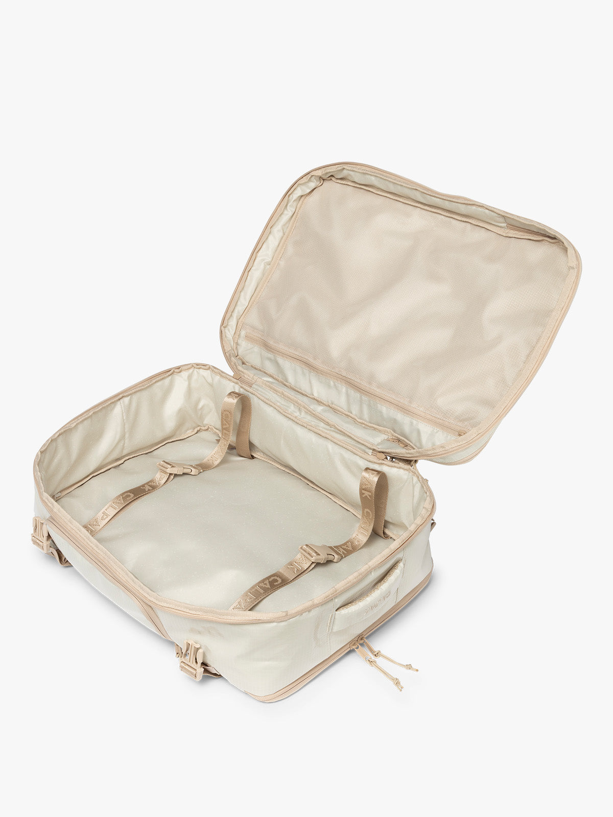 Opened CALPAK Terra 35L Laptop Backpack Duffel in off-white White Sands with tan accents on a white background; BPTL2601-WHITE-SANDS