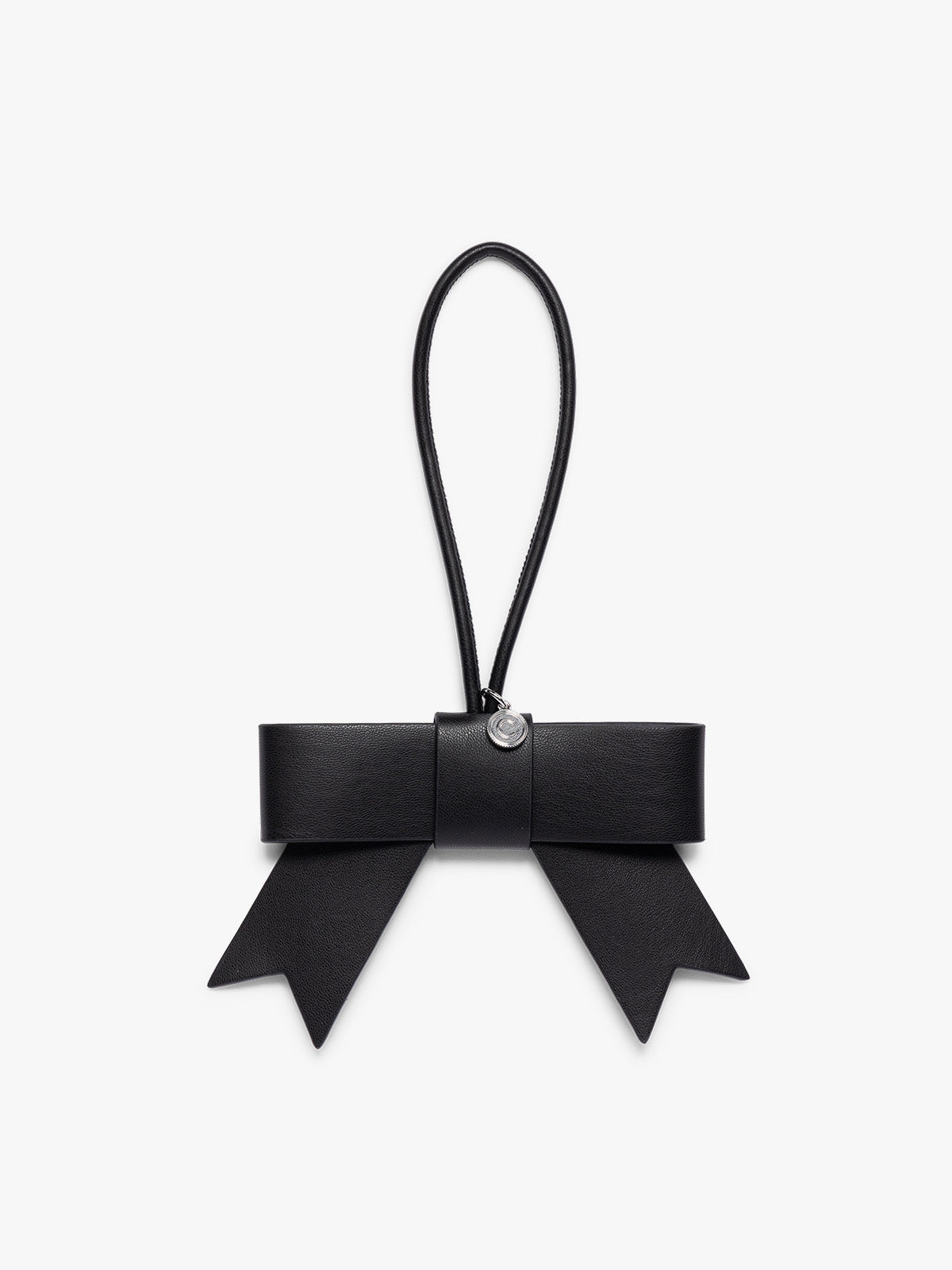Close-up of Black CALPAK Personalized Bow Bag Charm with a black strap and silver-tone metal ring at the top; BWBC2601-BLACK