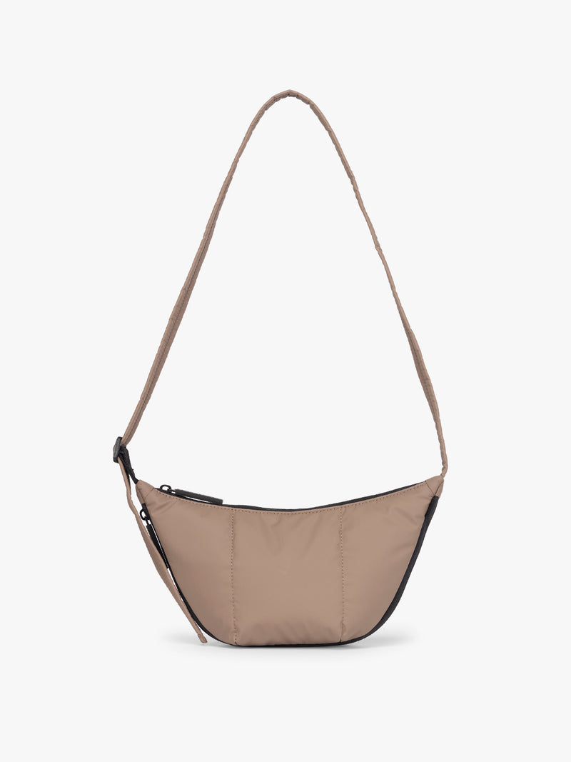 CALPAK Luka Crescent Tote bag in light brown Chocolate with shoulder strap and bag is expandable up to 2"