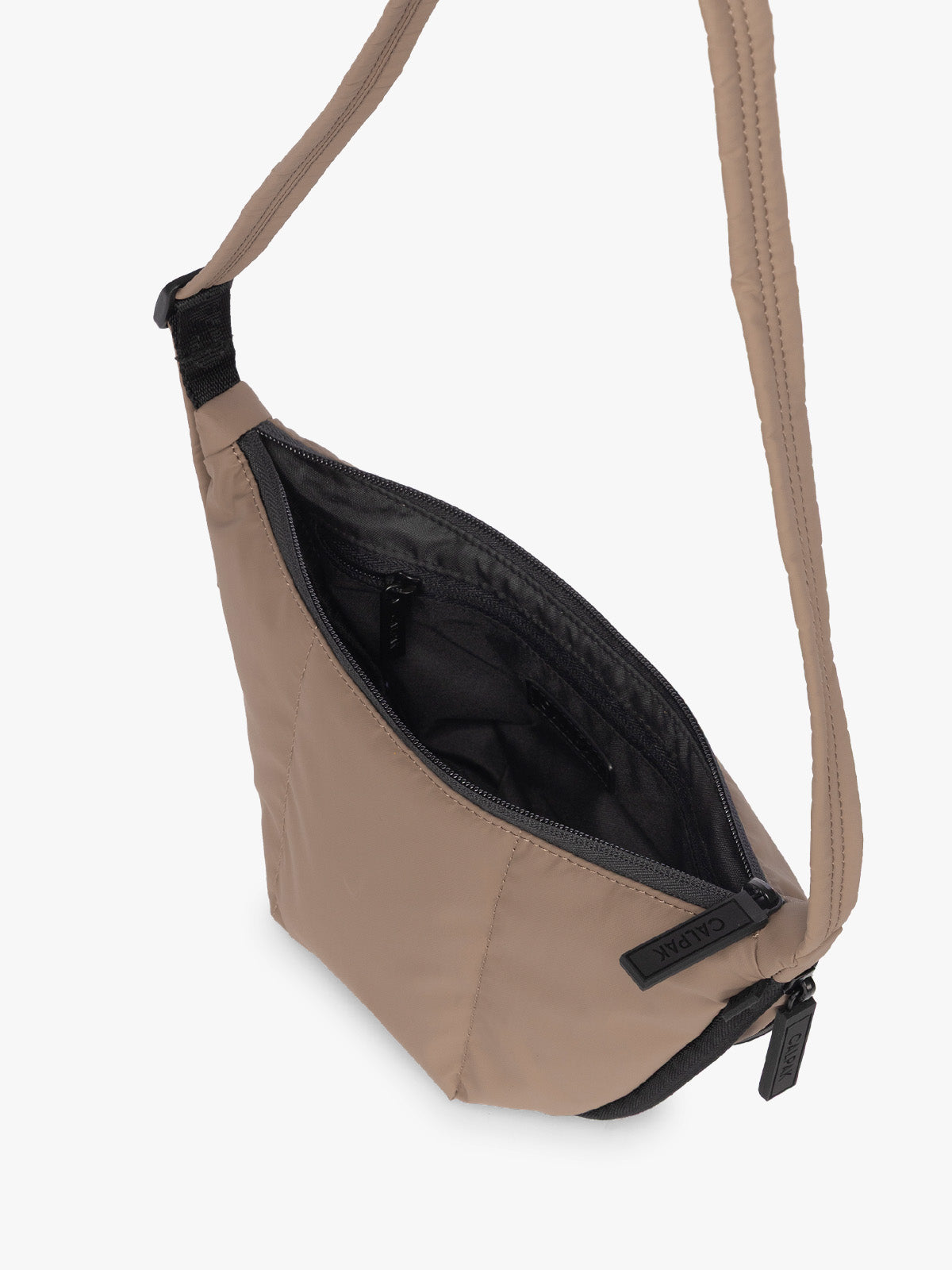 Opened interior of CALPAK Luka Crescent Tote bag in light brown Chocolate with shoulder strap and bag is expandable up to 2"; CBL2601-CHOCOLATE