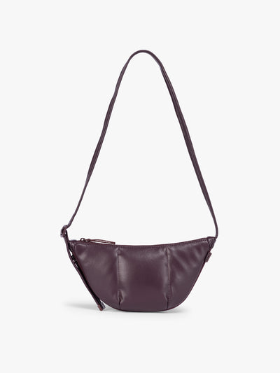 Dark Cherry deep burgundy vegan leather Luka Crescent shoulder bag with a long thin strap, shown against a plain light gray background; CBL2601-DARK-CHERRY-PU view 1