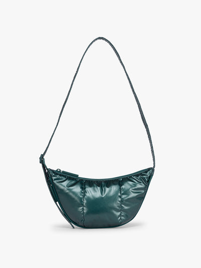 CALPAK Luka Crescent Bag in dark green shiny Kale; CBL2601-GLAZED-KALE view 1