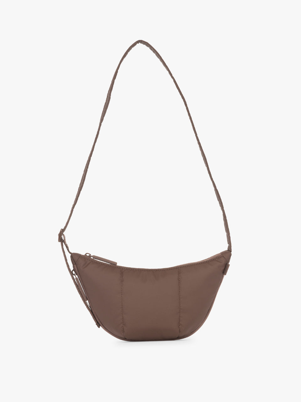 CALPAK Luka Crescent Tote bag in brown Walnut with shoulder strap and bag is expandable up to 2" on a white background; CBL2601-WALNUT