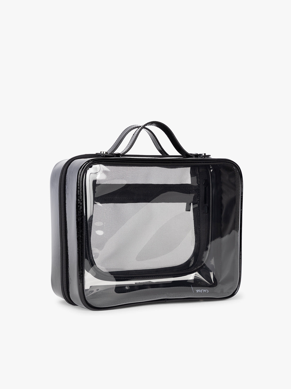 Side view of CALPAK Large Clear Cosmetics Case in black Glazed Black; CCC2001-GLAZED-BLACK