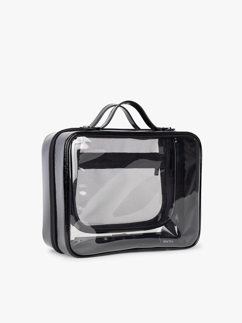 Side view of CALPAK Large Clear Cosmetics Case in black Glazed Black