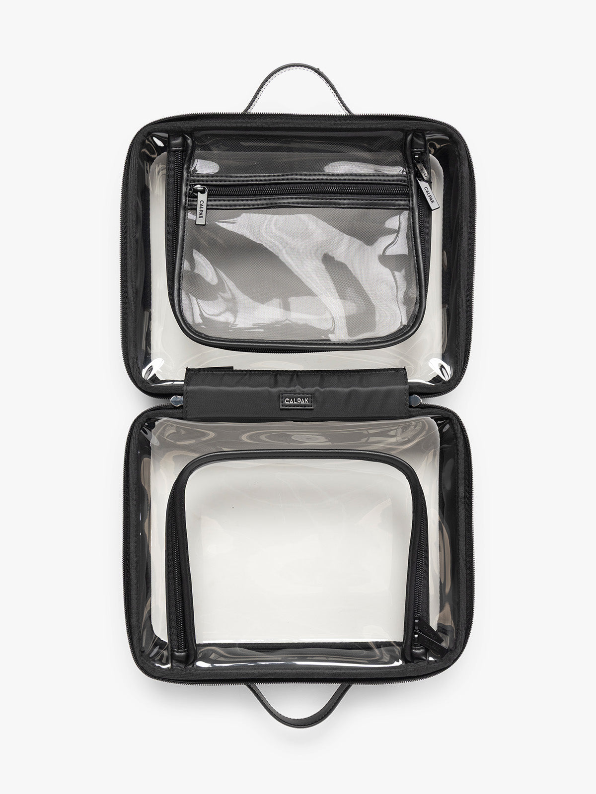 Opened view of CALPAK Large Clear Cosmetics Case in black Glazed Black; CCC2001-GLAZED-BLACK