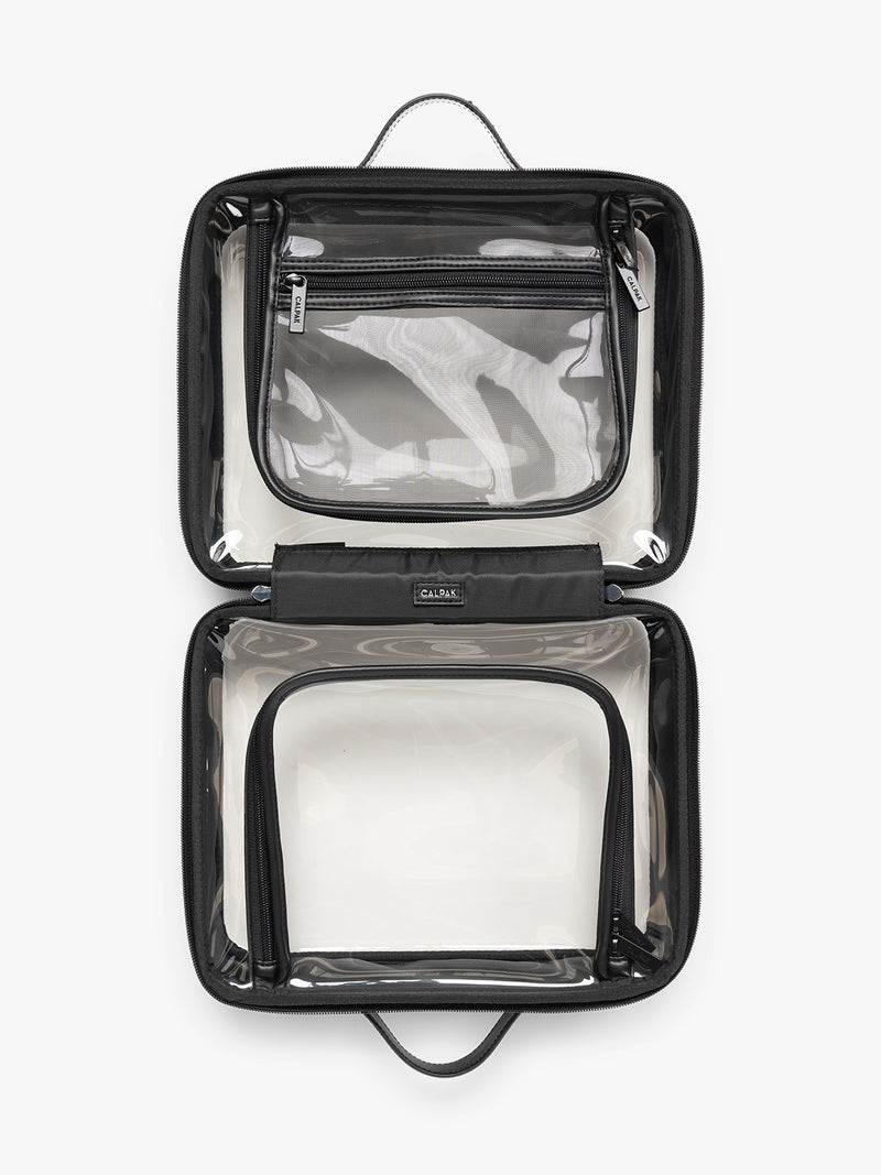 Opened view of CALPAK Large Clear Cosmetics Case in black Glazed Black