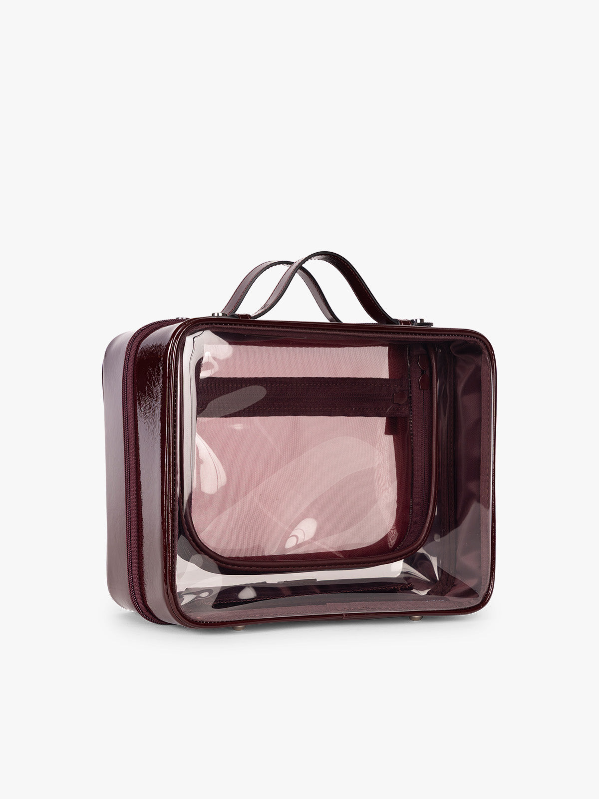 Side view of CALPAK Large Clear Cosmetics Case in maroon Glazed Dark Cherry; CCC2001-GLAZED-DARK-CHERRY