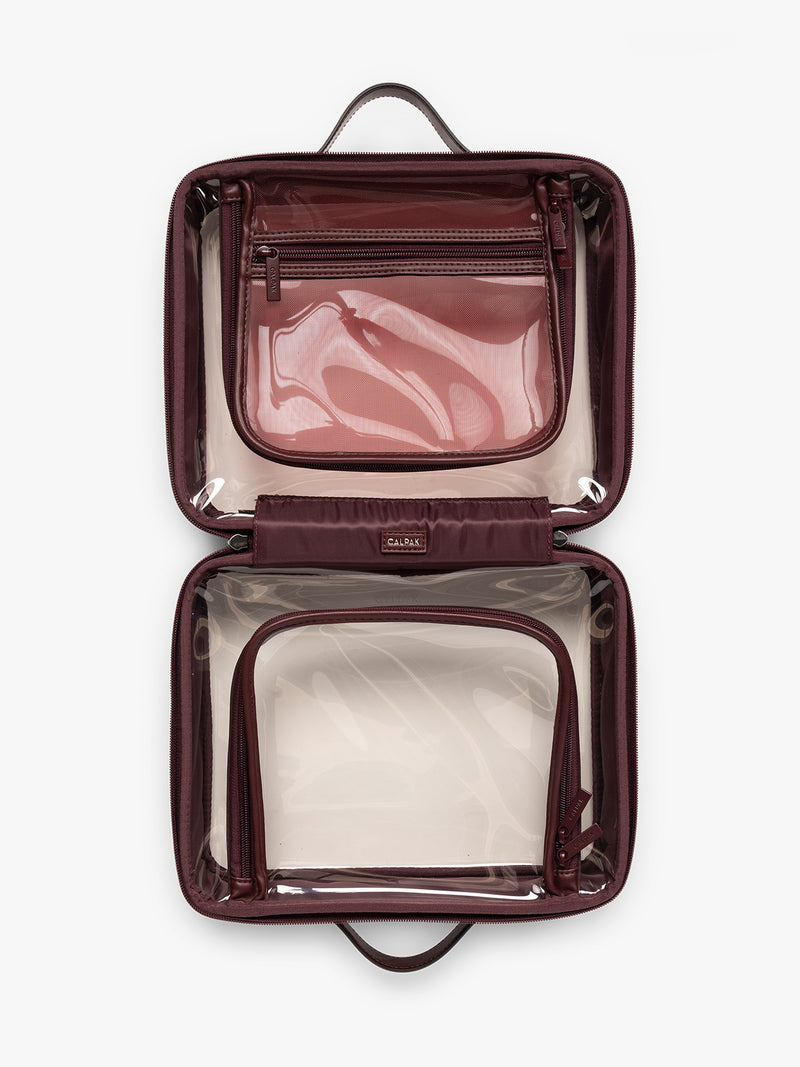Opened view of CALPAK Large Clear Cosmetics Case in maroon Glazed Dark Cherry
