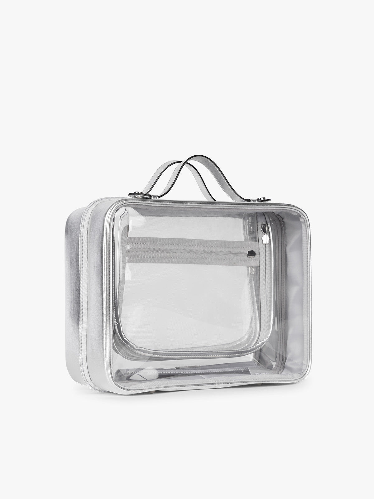 Side view of CALPAK Large Clear Cosmetics Case in Silver; CCC2001-SILVER