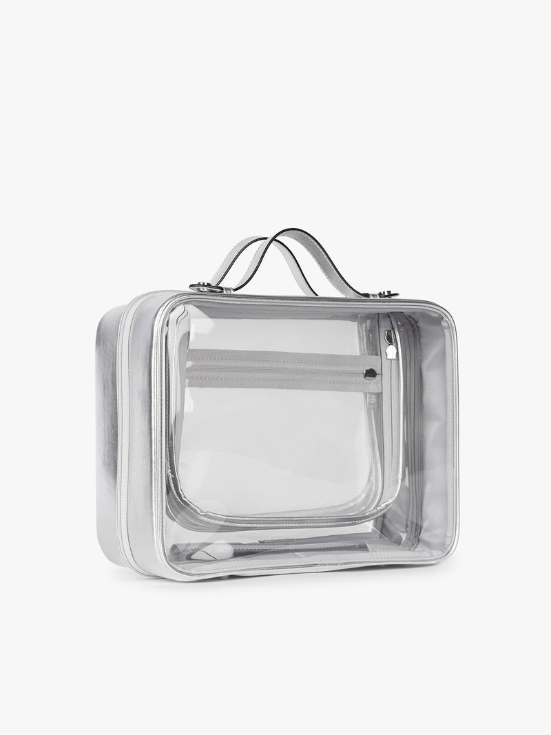 Side view of CALPAK Large Clear Cosmetics Case in Silver