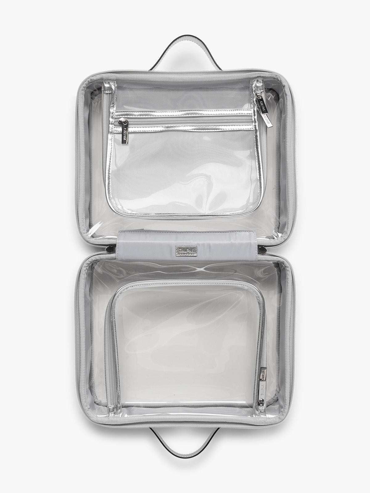 Opened view of CALPAK Large Clear Cosmetics Case in Silver; CCC2001-SILVER