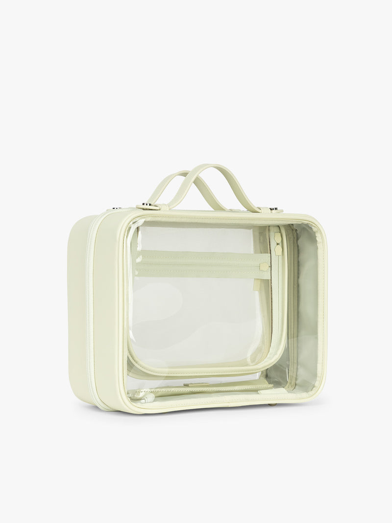 Side view of CALPAK Large Clear Cosmetic Case in light green Celadon
