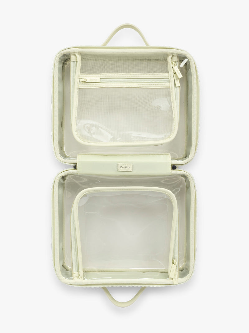 Opened view of CALPAK Large Clear Cosmetic Case in light green Celadon