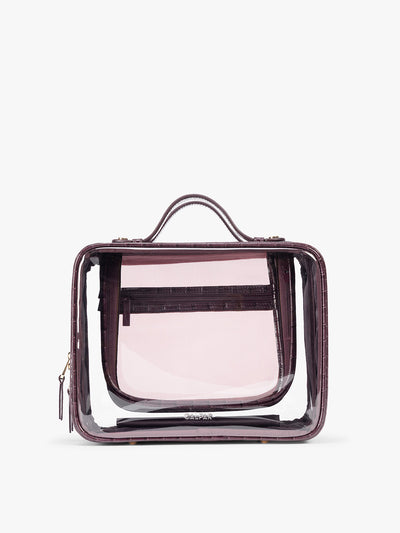 CALPAK Large Clear Cosmetics Case in deep red Dark Cherry against a white background; CCC2001-DARK-CHERRY-FAUX-CROC view 1