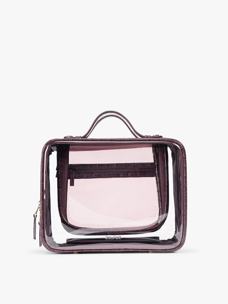 CALPAK Large Clear Cosmetics Case in deep red Dark Cherry against a white background