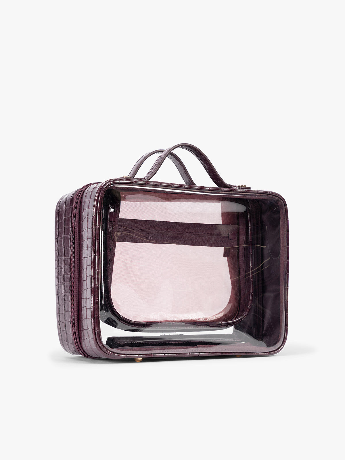 Side view of CALPAK Large Clear Cosmetics Case in deep red Dark Cherry against a white background; CCC2001-DARK-CHERRY-FAUX-CROC