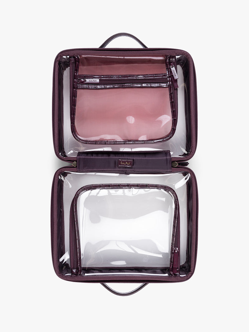 Opened view of CALPAK Large Clear Cosmetics Case in deep red Dark Cherry against a white background