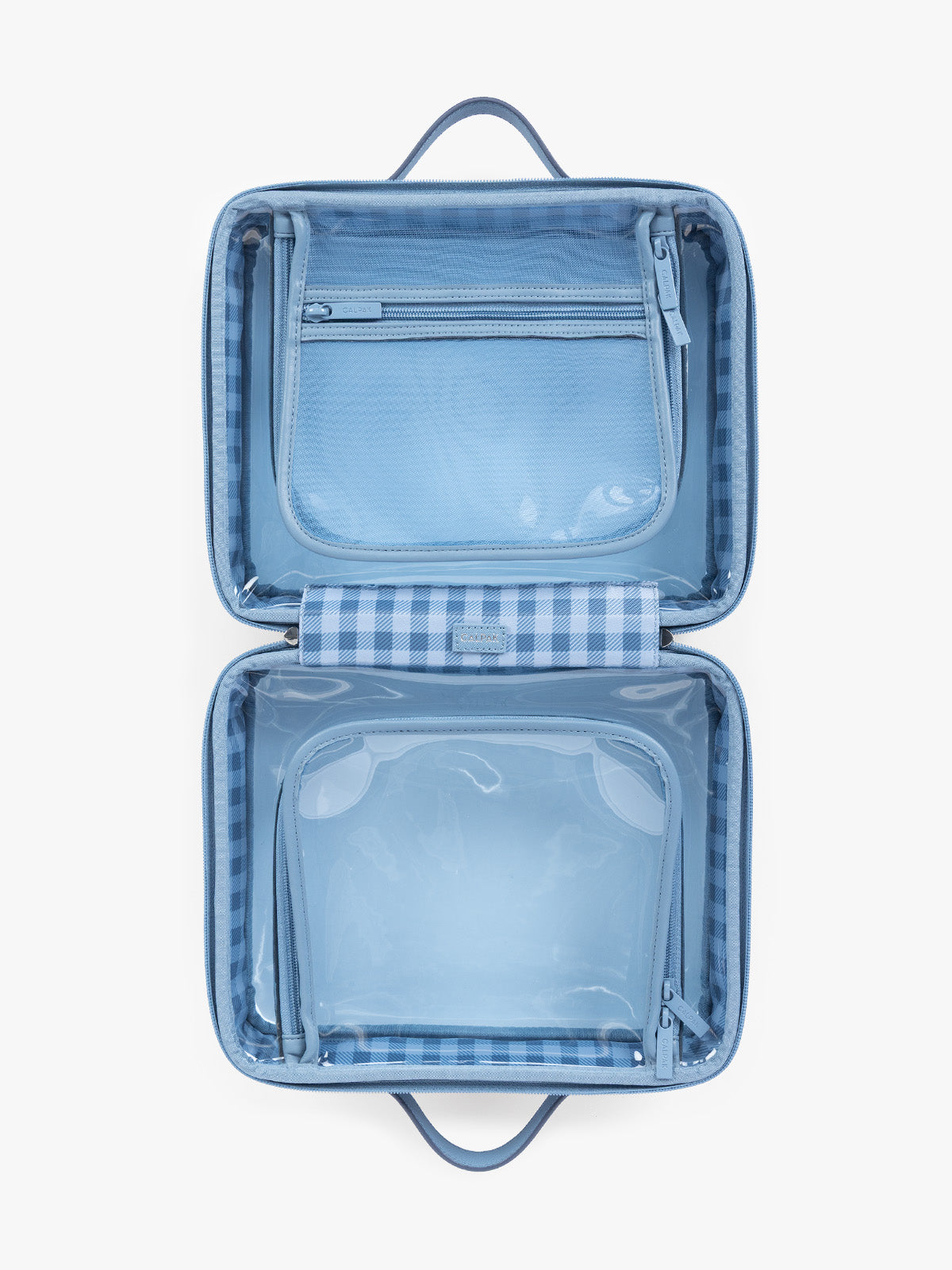 Opened view of CALPAK Clear Cosmetic Case in light blue French Blue; CCC2001-FRENCH-BLUE
