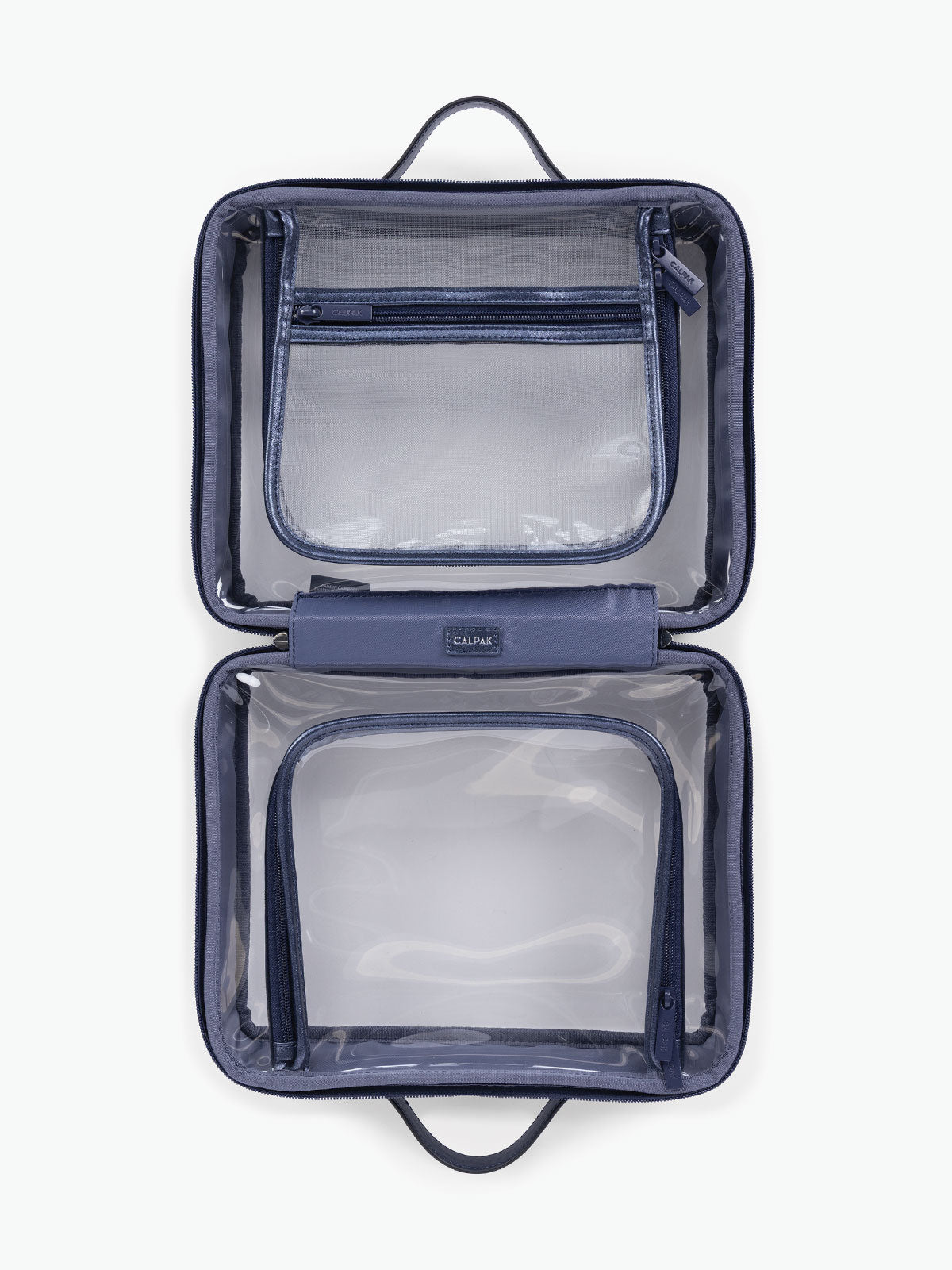 Opened view of CALPAK Clear Cosmetic Case in dark blue French Blue; CCC2001-METALLIC-INDIGO