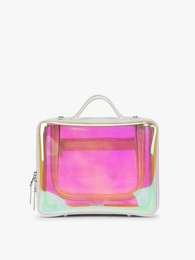 CALPAK Large Clear Cosmetics Case with white border and iridescent, holographic, and transparent case in Moonbeam on a white background; CCC2001-MOONBEAM view 1