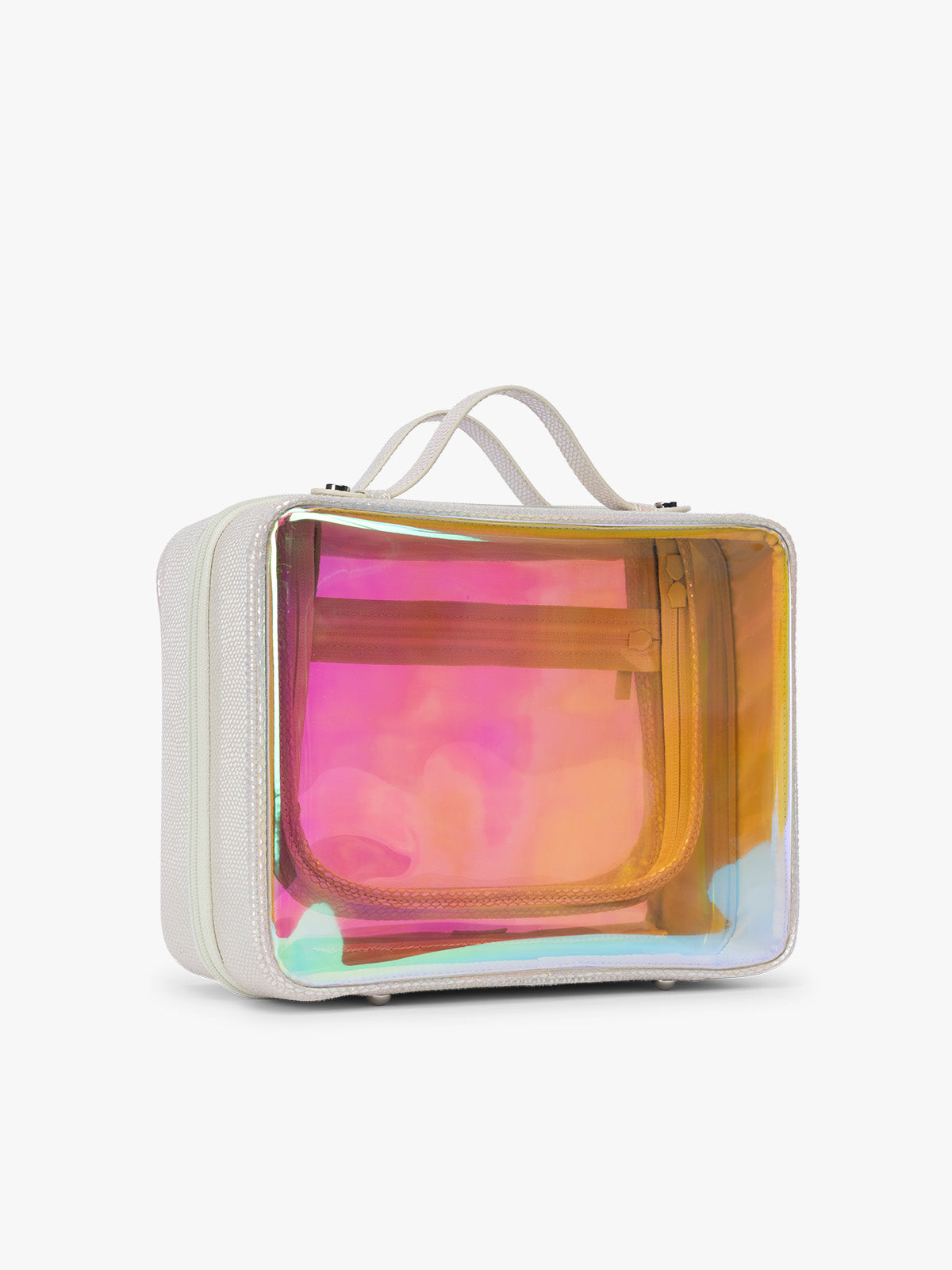 Side view of CALPAK Large Clear Cosmetics Case with white border and iridescent, holographic, and transparent case in Moonbeam on a white background; CCC2001-MOONBEAM
