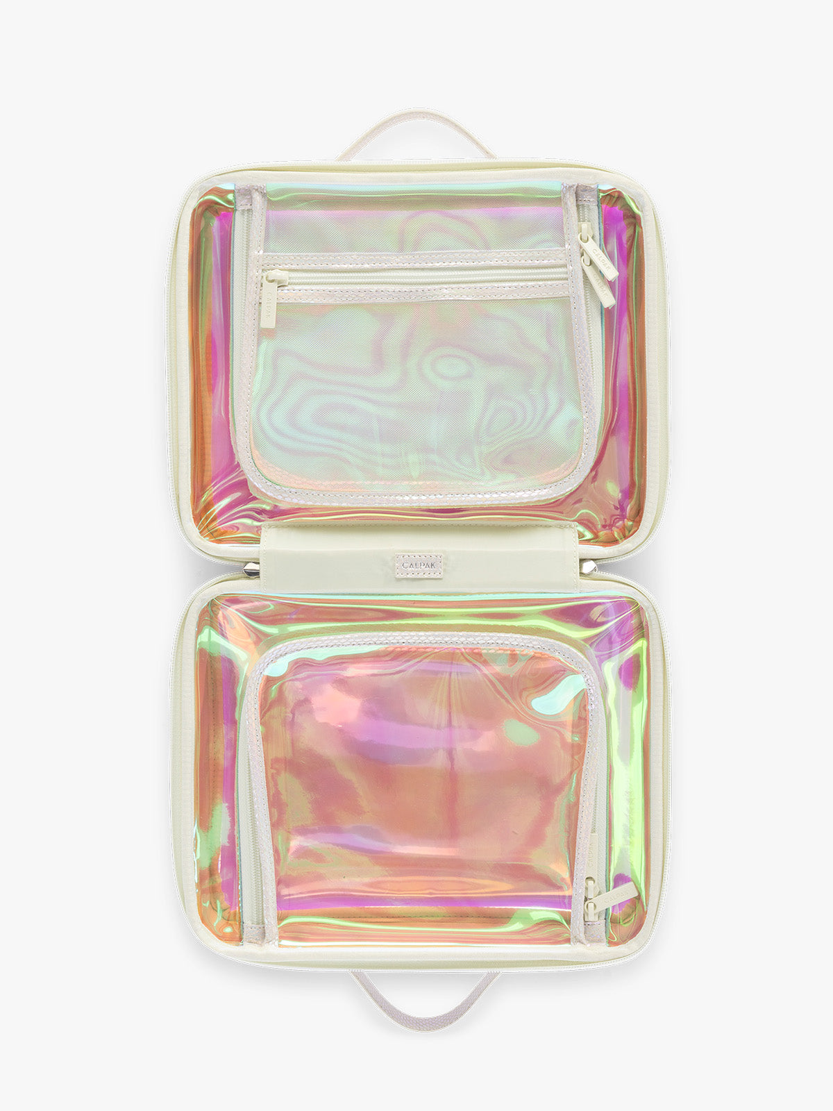 Opened CALPAK Large Clear Cosmetics Case with white border and iridescent, holographic, and transparent case in Moonbeam on a white background; CCC2001-MOONBEAM
