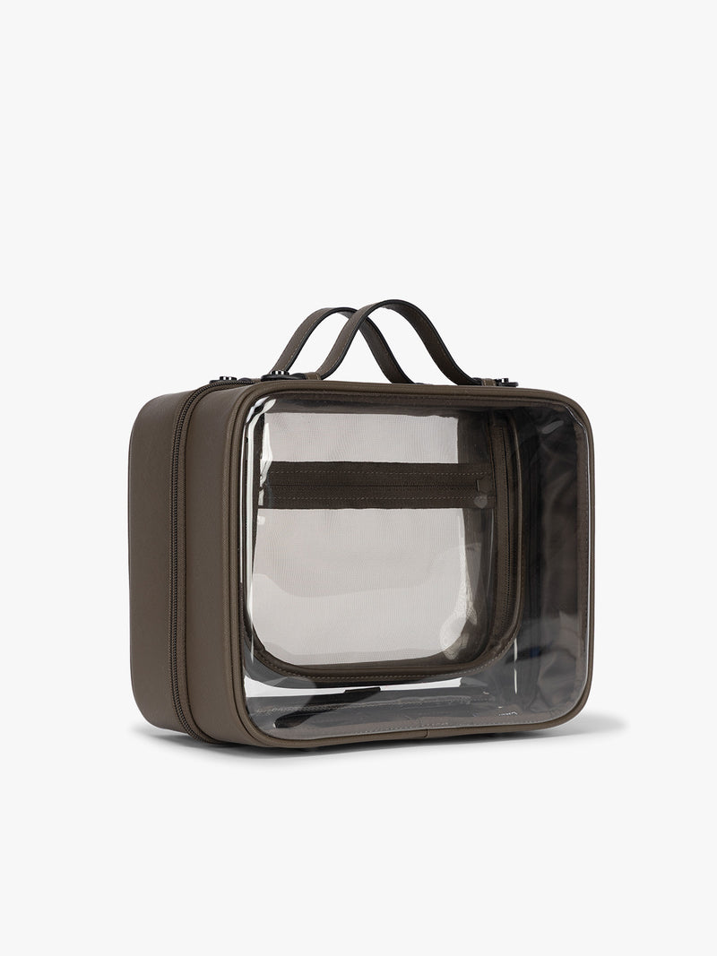 Side view of CALPAK Large Clear Cosmetic Case in brown Mushroom