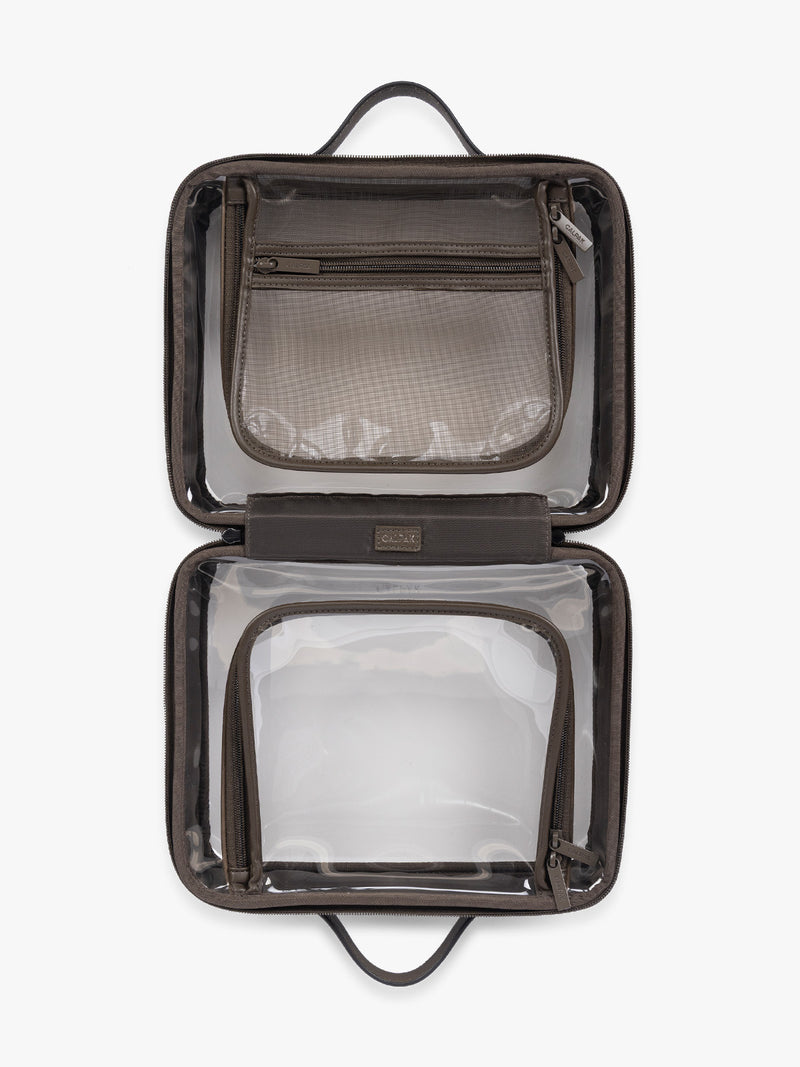 Opened view of CALPAK Large Clear Cosmetic Case in brown Mushroom