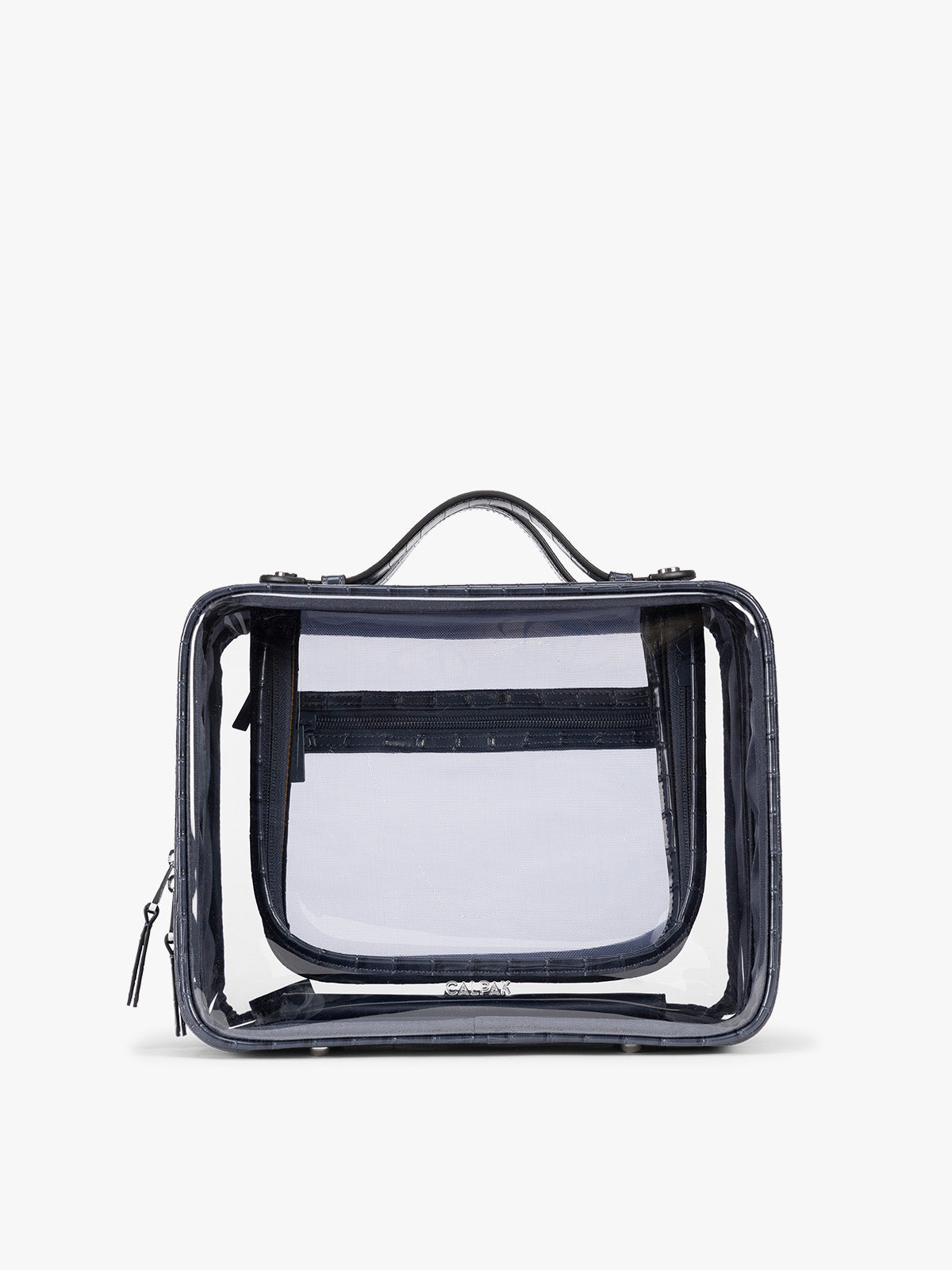 CALPAK Large Clear Cosmetics Case in deep blue Navy croc-embossed against a white background; CCC2001-NAVY-FAUX-CROC