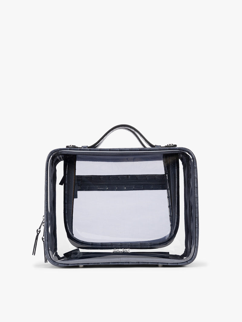 CALPAK Large Clear Cosmetics Case in deep blue Navy croc-embossed against a white background