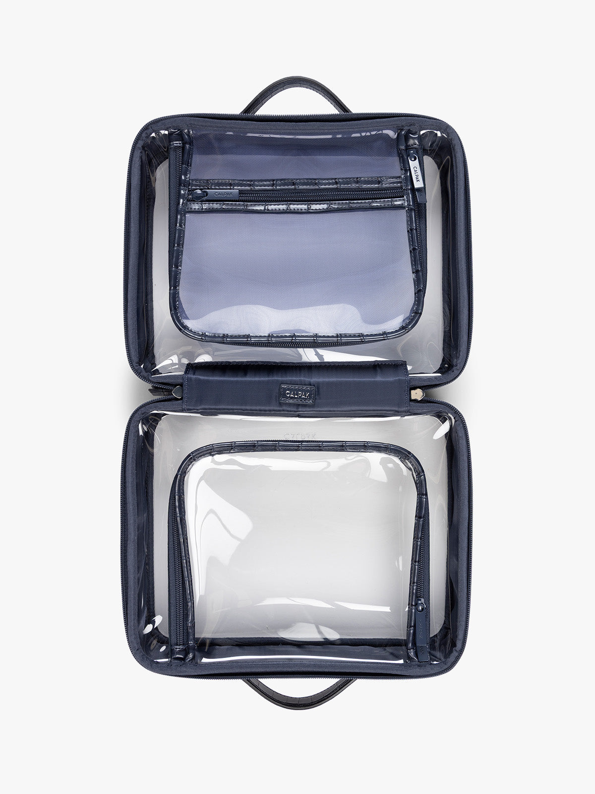 Opened view of CALPAK Large Clear Cosmetics Case in deep blue Navy croc-embossed against a white background; CCC2001-NAVY-FAUX-CROC