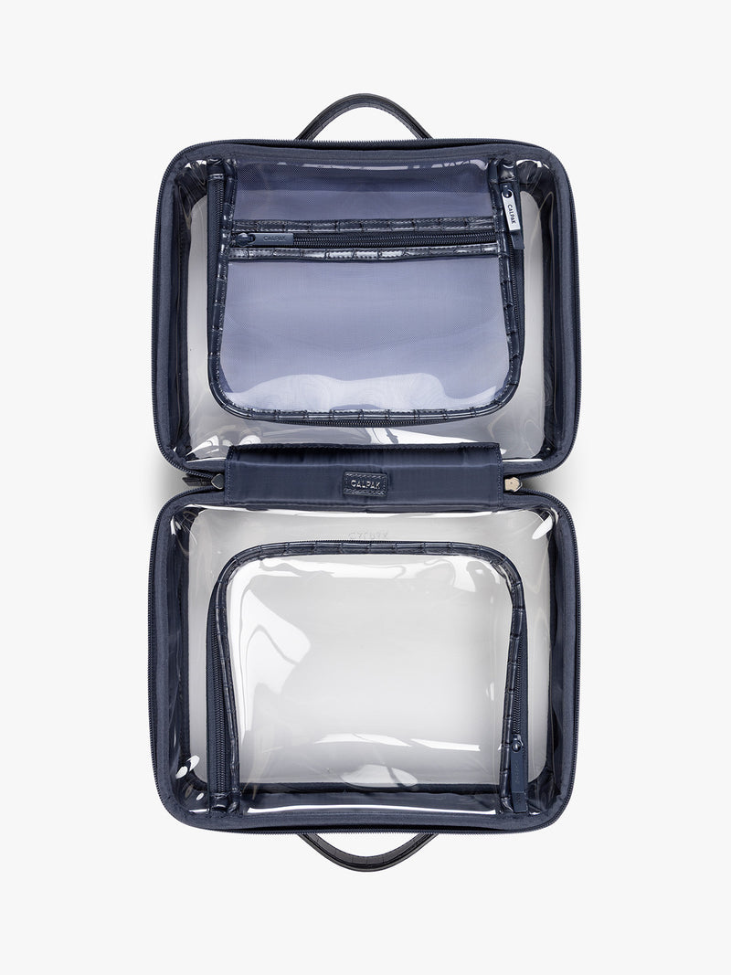 Opened view of CALPAK Large Clear Cosmetics Case in deep blue Navy croc-embossed against a white background