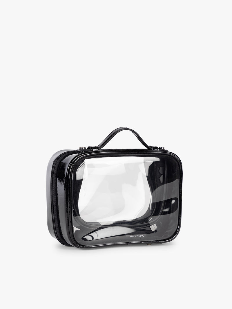 Side view of CALPAK Small Clear Cosmetic case in Glazed Black