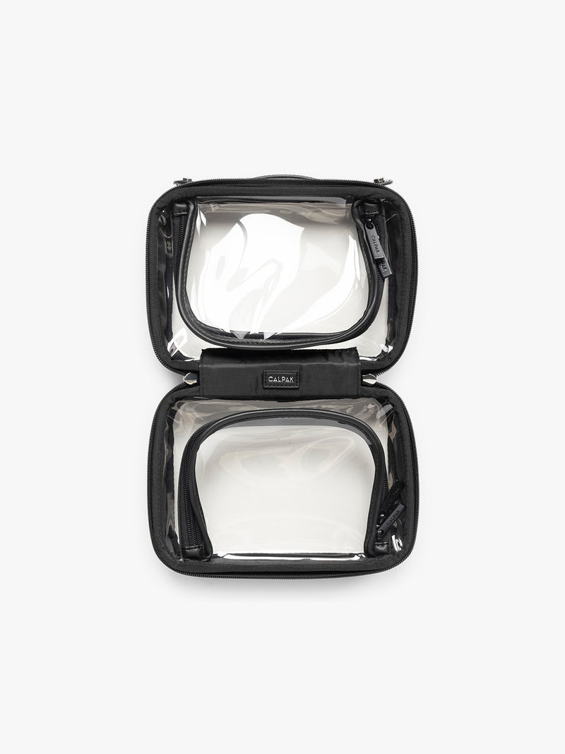 Opened view of CALPAK Small Clear Cosmetic case in Glazed Black