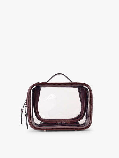 CALPAK Small Clear Cosmetic case in maroon Glazed Dark Cherry; CCM2001-GLAZED-DARK-CHERRY view 1