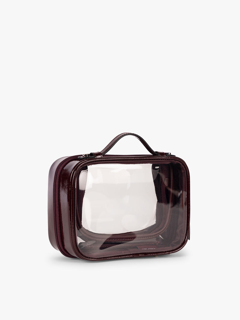 Side view of CALPAK Small Clear Cosmetic case in maroon Glazed Dark Cherry