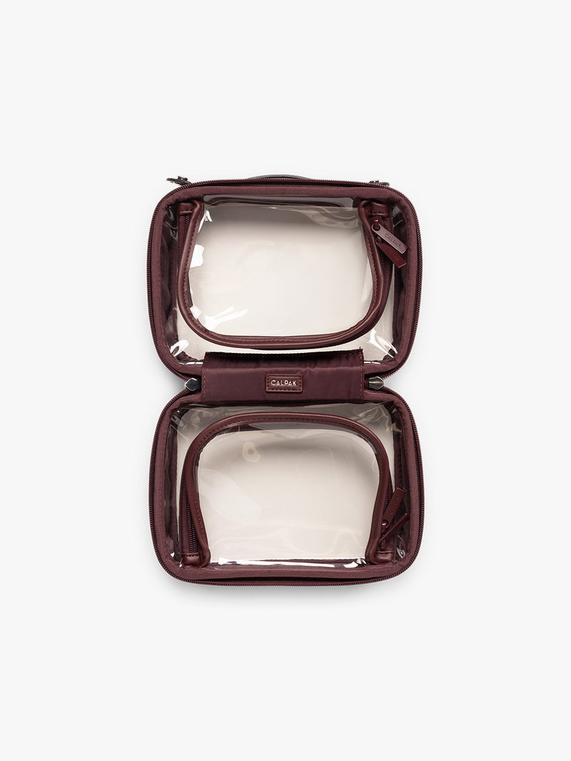 Opened view of CALPAK Small Clear Cosmetic case in maroon Glazed Dark Cherry