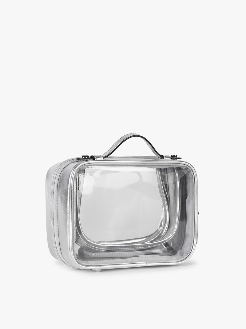 Side view of CALPAK Small Clear Cosmetic case in Silver