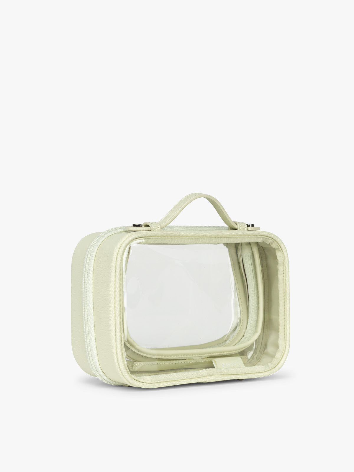Side view of CALPAK Small Clear Cosmetic Case in light green Celadon; CCM2001-CELADON