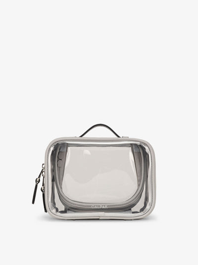 CALPAK small clear makeup bag with zippered compartments in cool grey; CCM2001-COOL-GREY view 1