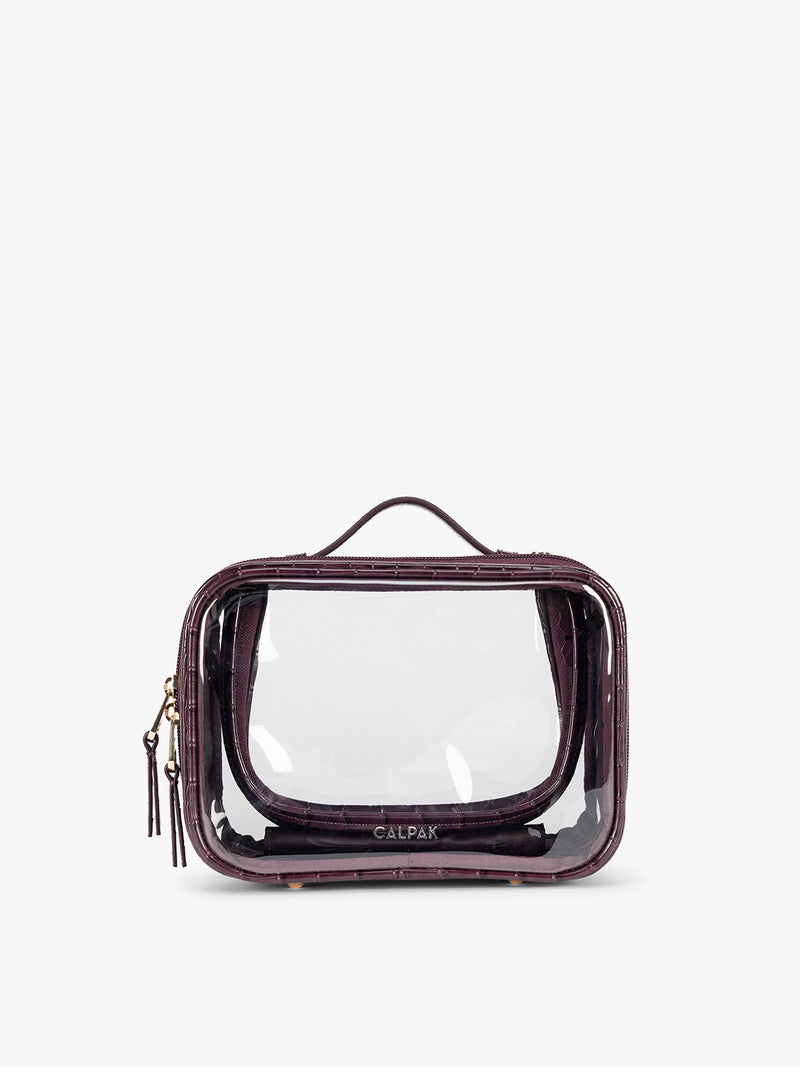 CALPAK Small Clear Cosmetics Case that is a transparent pouch with a deep red Dark Cherry in crocodile-embossed