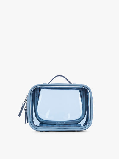 CALPAK Small Clear Cosmetic Case in light blue French Blue with white and light blue gingham interior;CCM2001-FRENCH-BLUE view 1