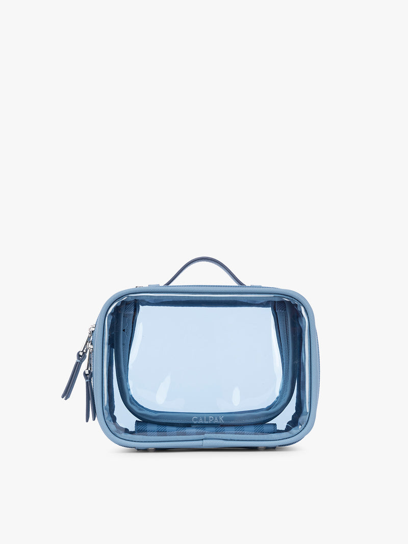 CALPAK Small Clear Cosmetic Case in light blue French Blue with white and light blue gingham interior