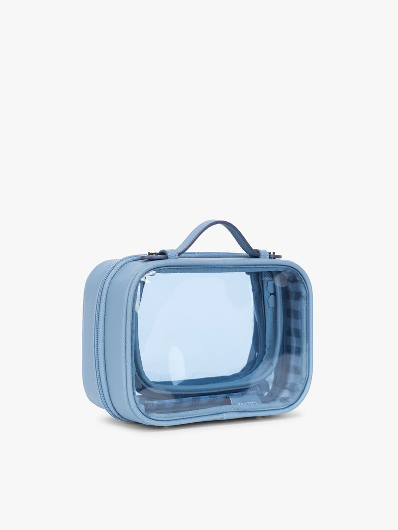 Side view of CALPAK Small Clear Cosmetic Case in light blue French Blue with white and light blue gingham interior
