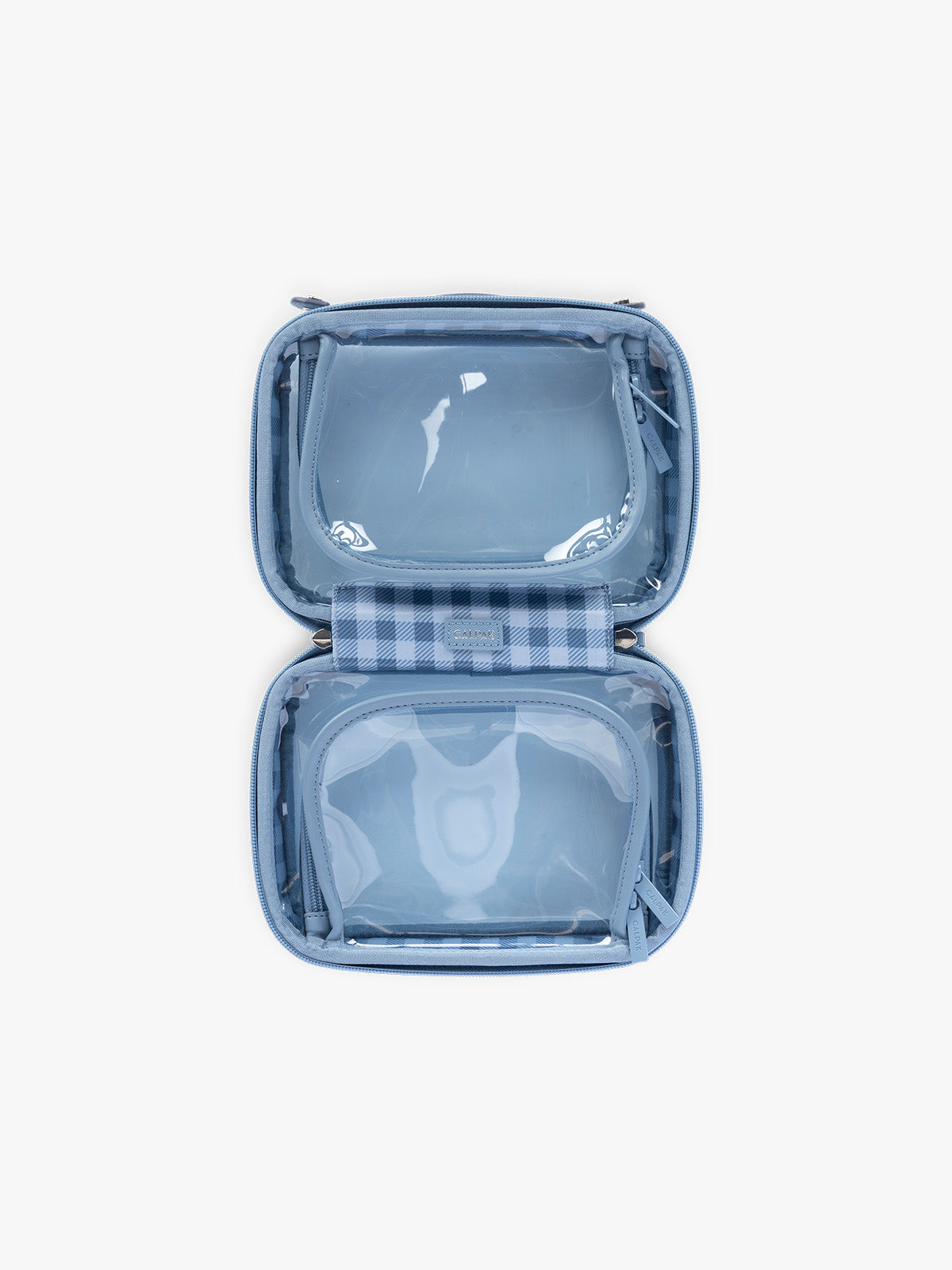 Opened view of CALPAK Small Clear Cosmetic Case in light blue French Blue with white and light blue gingham interior;CCM2001-FRENCH-BLUE